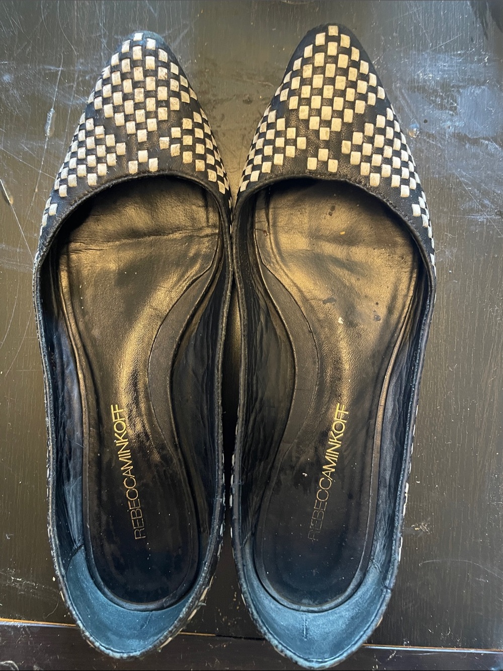 Rebecca Minkoff Black and White Woven Pointed Toe Flats